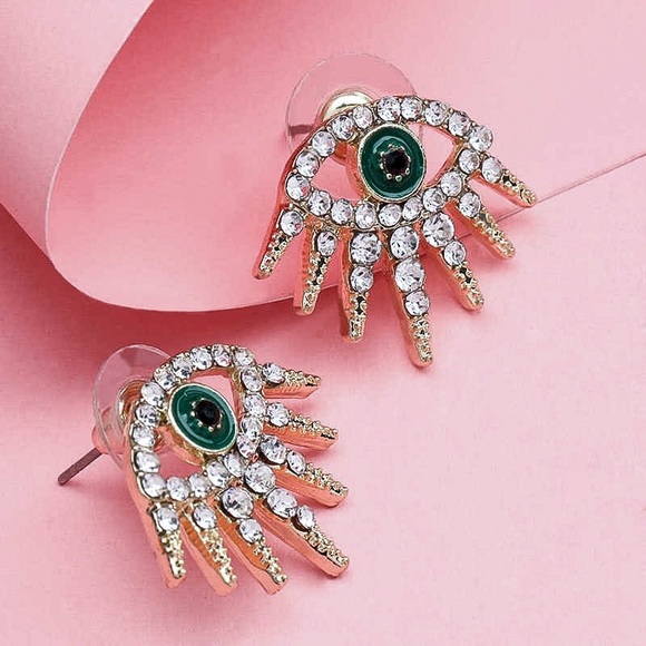 2/$20! Gold Crystal Pave Evil Eye Stud Earrings - Picture 7 of 14